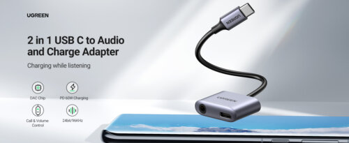 UGREEN 60164 USB-C to Aux 3.5mm Audio Adapter with PD | Earphone Converter with DAC - Image 2